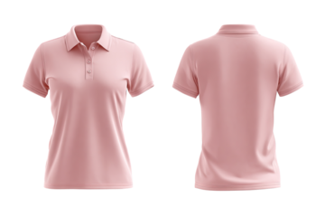 Front and back view of a light pink women's polo shirt, short-sleeved, collared