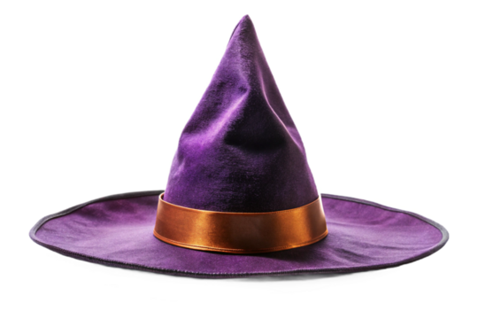 Mysterious purple witch hat with golden band isolated on black for magical halloween celebrations transparent background