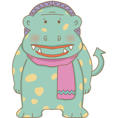 Cute cartoon monster character with green skin, yellow spots, a pink scarf, and a friendly smile. This playful illustration is perfect for children’s designs, party invitations, stickers, or fun decor
