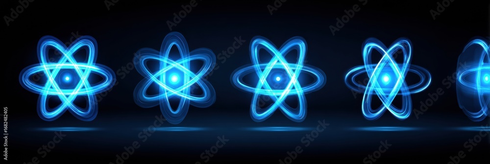 Poster representation of atomic structures in various designs featuring blue glowing orbits against a dark 