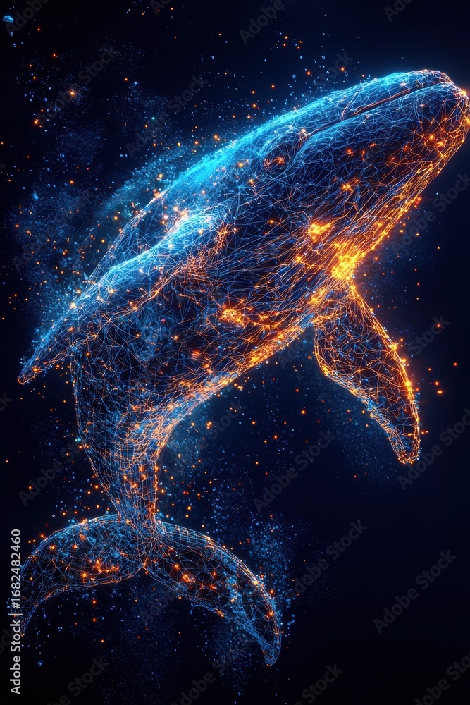 Poster digital whale in glowing wireframe art with data-inspired visual effects