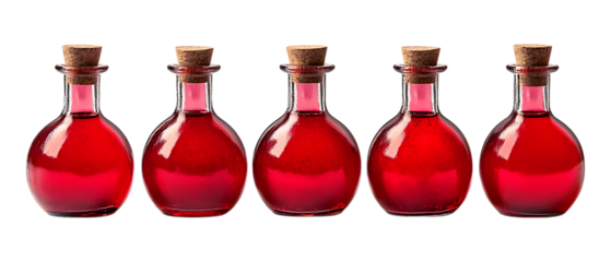 Pack Collection Five Red Glass Bottles Vibrant Potions Essential Oils or Perfume set against transparent background