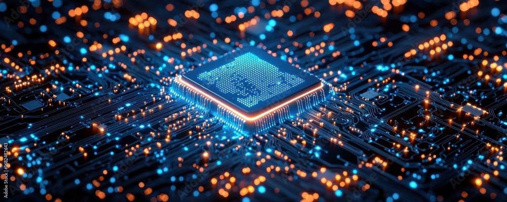 Poster high-tech microchip on a futuristic electronic circuit board glowing with lights