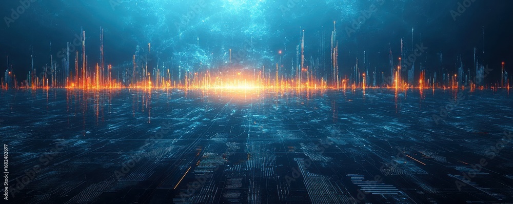 Poster abstract data visualization with glowing orange digital network