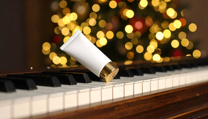 Blank cosmetic cream tube with a golden cap on vintage piano keys, featuring soft festive bokeh lights in the background