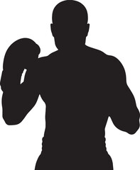 Fototapeta premium Black silhouette of boxer with gloves raised in defensive pose
