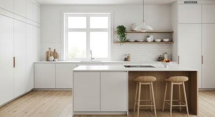 Modern White Kitchen with Wooden Island.