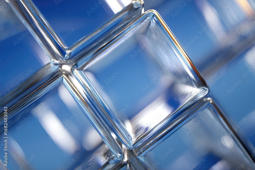 Poster intricate glass cubes, reflecting a deep azure backdrop, creating an ethereal, transparent compositi