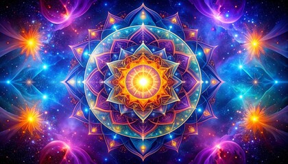 Fototapeta premium Celestial Mandala of Light: A Sacred Geometric Starburst in a Cosmic Nebula