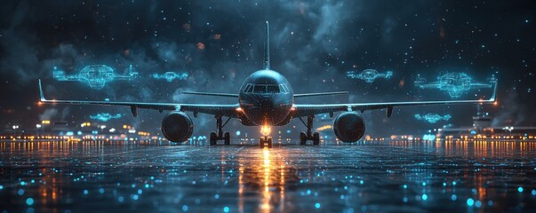 Modern airplane at night airport with digital effects
