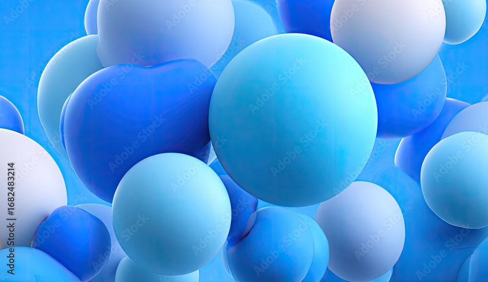 Poster a dynamic array of glossy spheres in various shades of blue and white against a light blue backgroun
