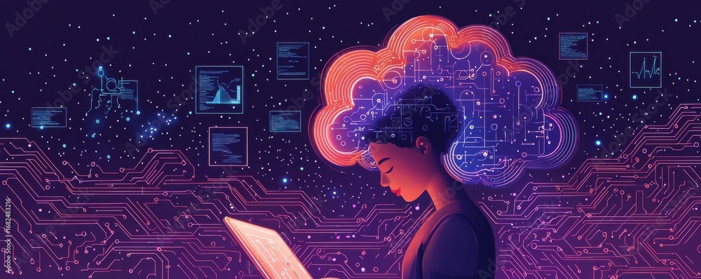 Poster artificial intelligence concept illustration with a digital mind and computing interfaces