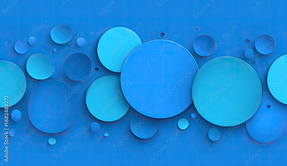 Poster a design featuring a horizontal arrangement of various sized overlapping circles in shades of blue a