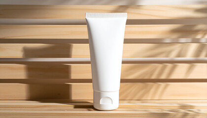 Minimalist beauty product mockup featuring a white plastic tube against a slatted wood background with organic leaf shadows creating depth and rhythm