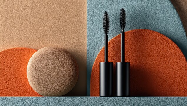 Two black mascaras stand on a shelf against a backdrop of muted orange and blue shapes