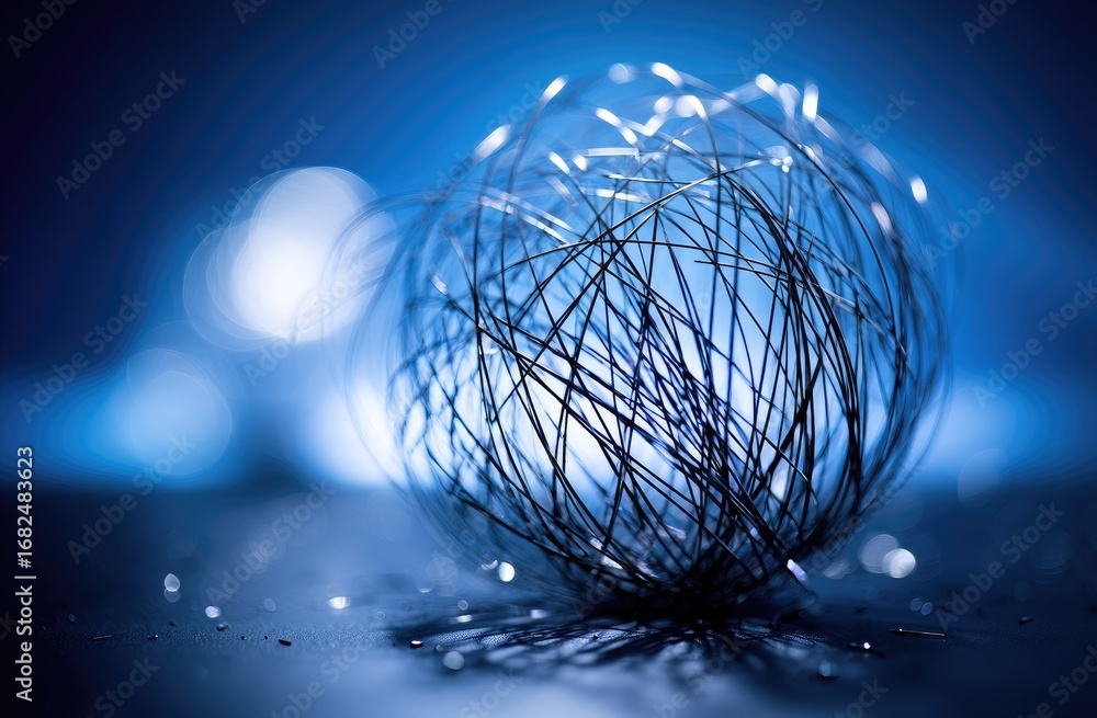 Poster a close-up of a dark sphere formed by interwoven, delicate threads against a backdrop of soft, diffu