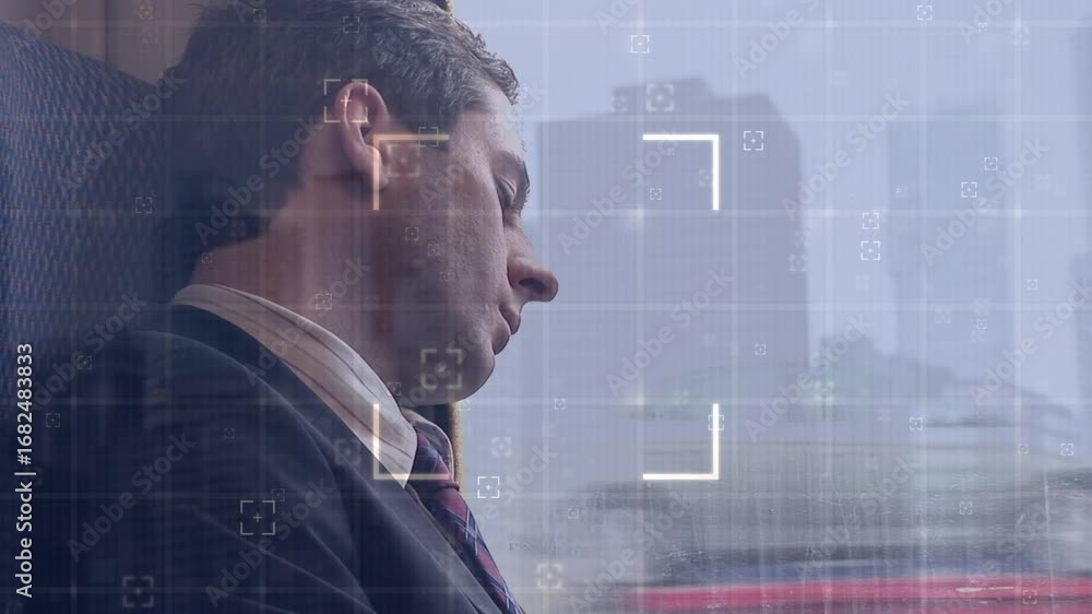 Poster animation of data processing over caucasian businessman in bus