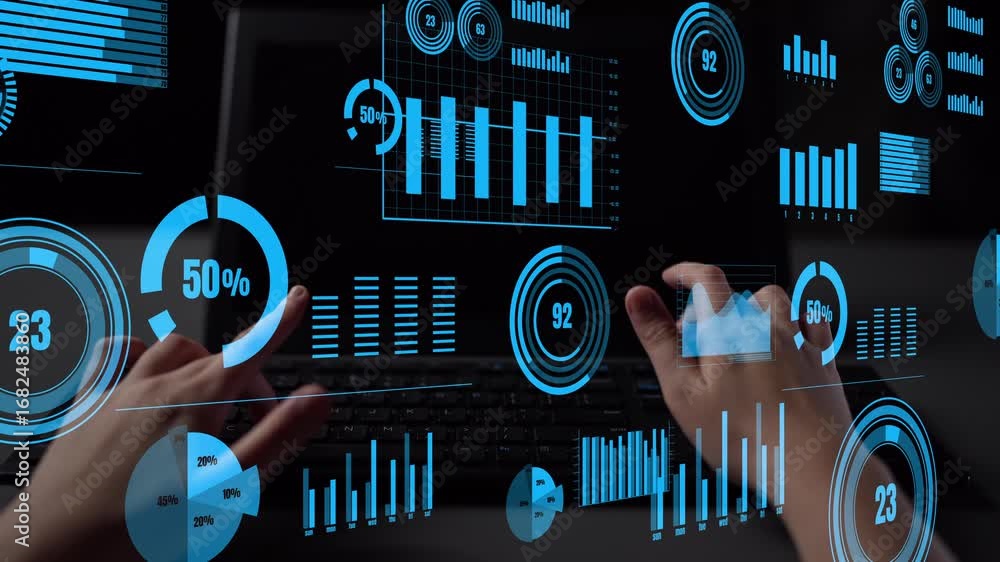 Poster a close-up view of hands interacting with a laptop screen displaying various digital data charts. th