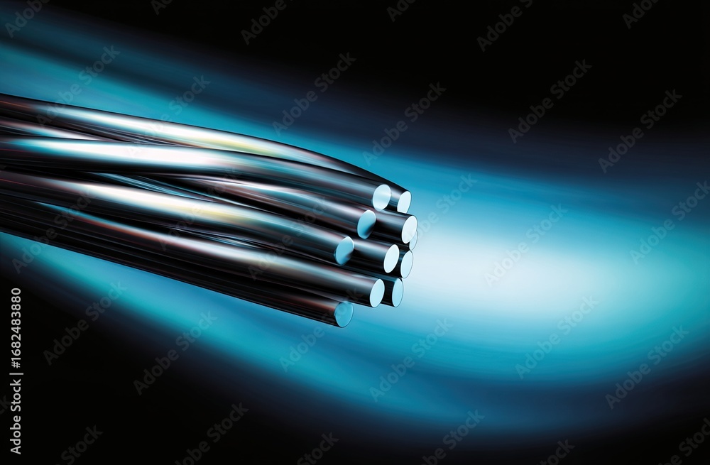 Poster a close-up view of a complex cable structure, showcasing its metallic threads and sleek design.