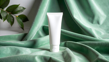 Blank white cosmetic tube mockup on a soft pastel green velvet fabric background with fresh plant leaves for natural beauty product branding