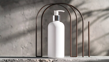 Clean and modern cosmetic product presentation with a white pump bottle mockup on a concrete podium, framed by a metal arch with natural light and shadow play