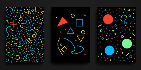 Three vibrant poster designs feature a dynamic mix of neon shapes and lines against a dark background.
