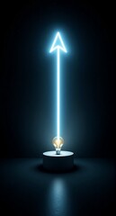 A luminous blue arrow points skyward, emerging from a glowing light bulb on a cylindrical pedestal in a dark, minimalist setting.