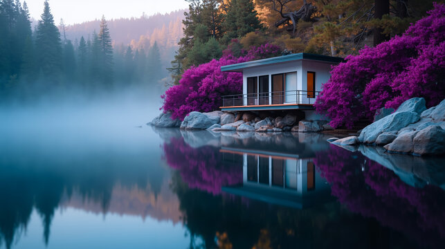 A house sitting on top of a lake surrounded by trees and flowers