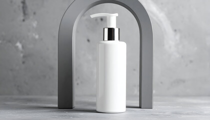 White cosmetic dispenser bottle with a silver pump presented as a product mockup in front of a grey arch on a modern textured concrete background
