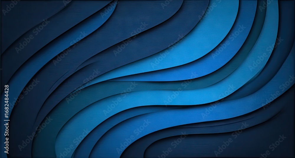 Poster a layered design featuring deep blues, with wavy lines and textured effects, creating a sophisticate