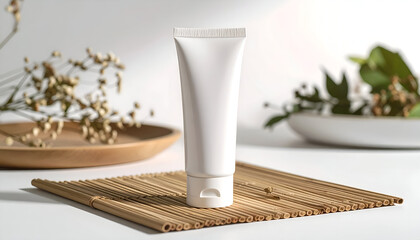 Blank white cosmetic tube mockup on a bamboo mat with natural botanicals and soft shadows for a beauty product presentation