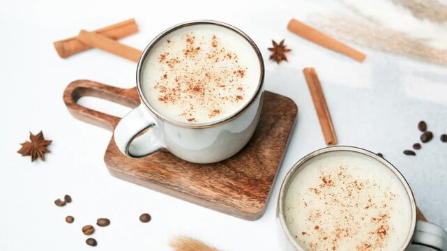 Warm creamy drinks with cinnamon on wooden board with star anise and coffee beans