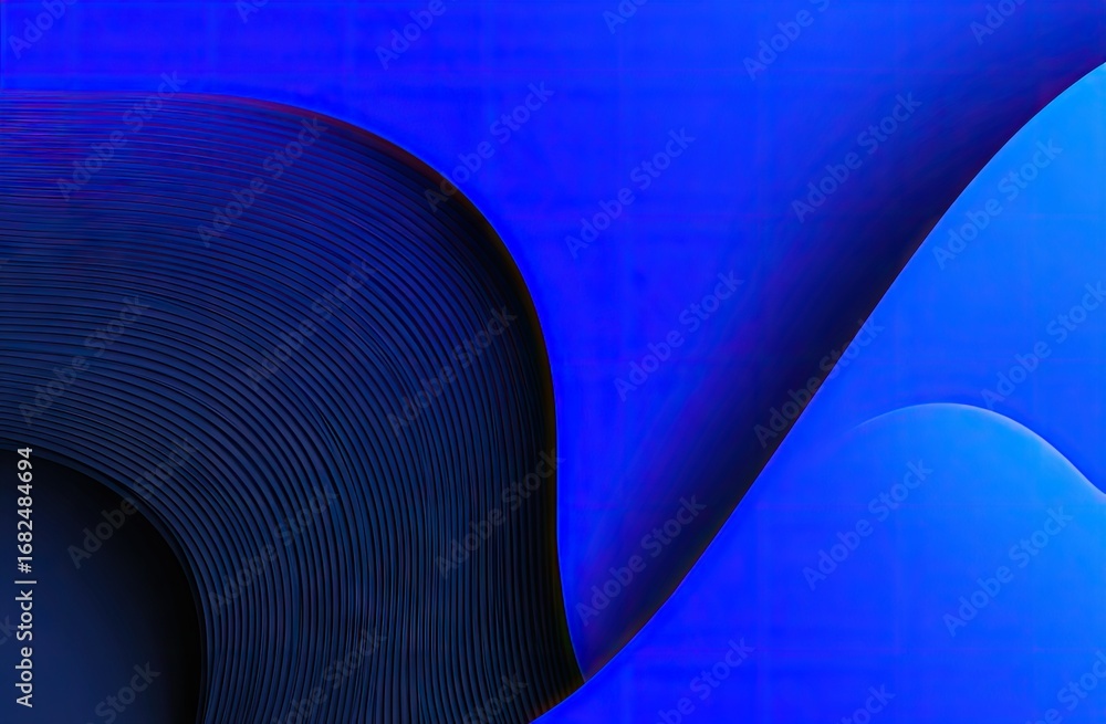Poster intricate, layered curves of deep blue and navy hues create a dynamic visual.