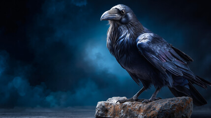 A black bird sitting on top of a rock