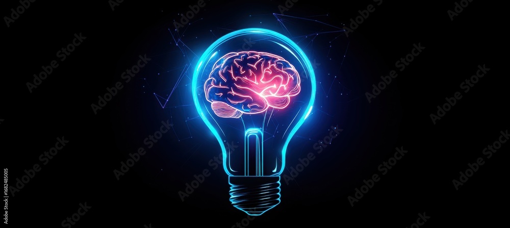 Poster glowing light bulb with neural brain visualization and futuristic elements