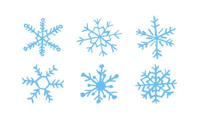 Christmas snowflake set with wax, blue crayon or charcoal texture. Quirky chalkboard style, perfect for kindergarten Xmas crafts, cards and holiday designs. Vector illustration drawn as if by a child