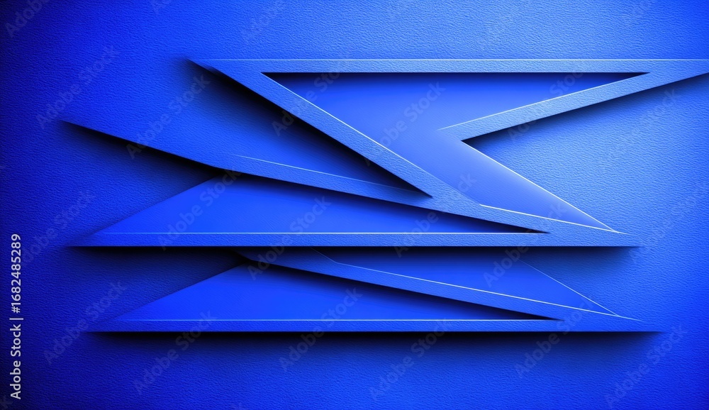 Poster a striking design featuring layered, overlapping triangles in a deep cobalt blue, creating a three-d