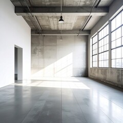 Bright, empty room with concrete ceiling, gray floor, and large windows; sunlight streams through. A doorway leads to a dark interior