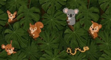 Cute Jungle Animals in Lush Green Foliage Illustration.