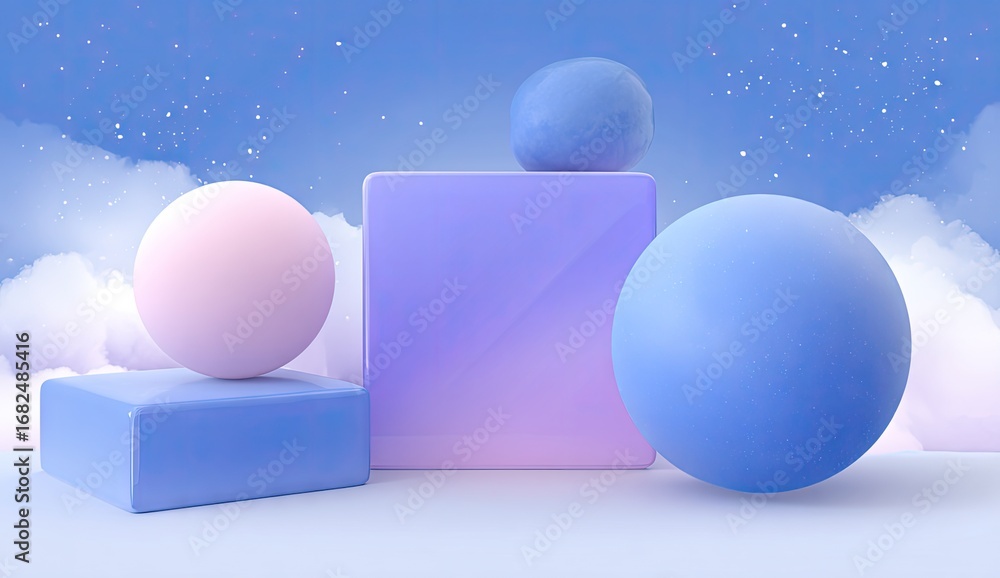 Aufkleber pastel-colored spheres and cubes are presented on a soft sky background with clouds, creating a calm
