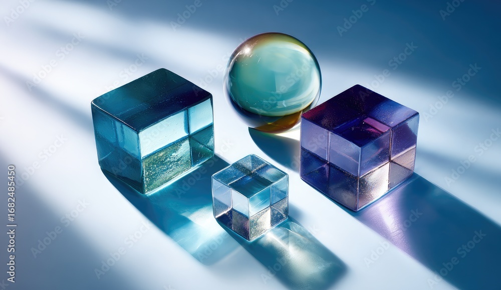 Poster a collection of vibrant, translucent cubes and a sphere, presented on a muted backdrop, create an in