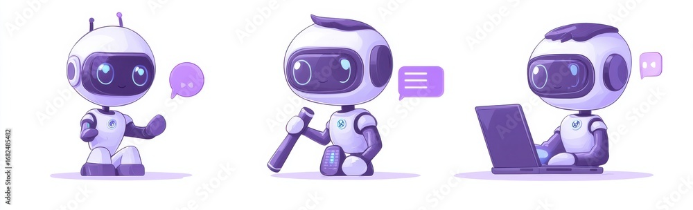 Poster cute robot characters engaged in various activities and dialogues
