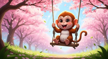 Adorable cartoon monkey swinging joyfully on a swing set amidst a vibrant cherry blossom forest, evoking a sense of playful innocence and springtime cheer