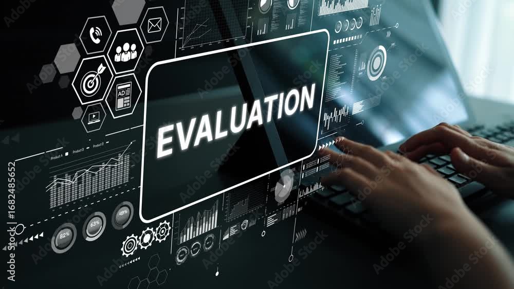 Poster detailed digital evaluation process in modern technology with data analytics and user interface elem