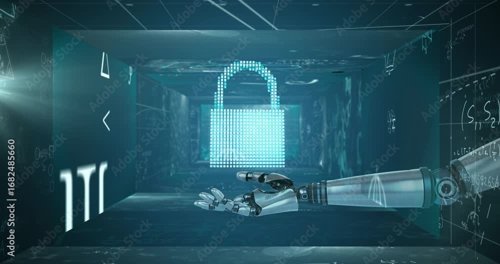 Poster animation of robotic arm with padlock over mathematical symbols