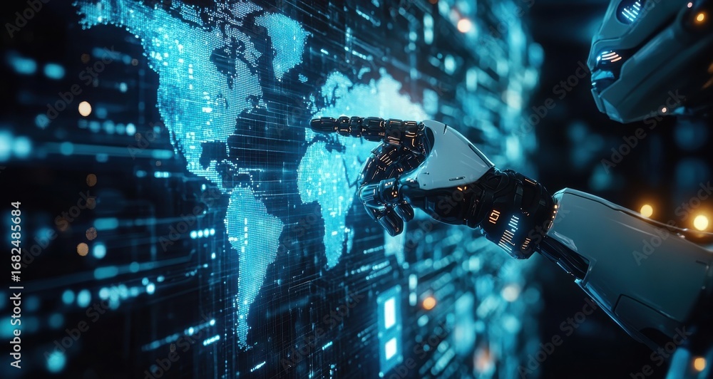 Poster robotic hand interacting with global network map on digital display