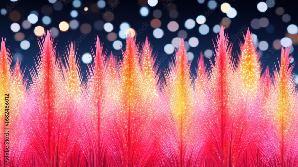 Poster abstract shimmering pink and gold plumes against a bokeh background creating a festive atmosphere