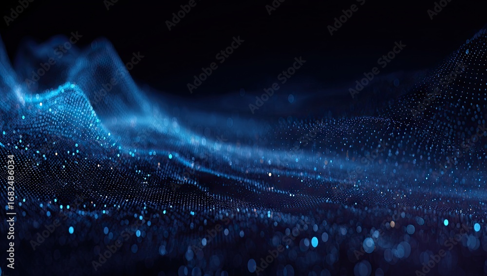 Poster a captivating digital landscape of swirling, deep blue particles, highlighting a complex network of 