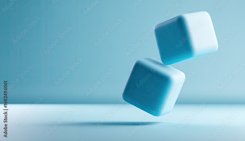 Poster two light-blue cubes appear to float in mid-air against a pale-blue background, creating a simple ye