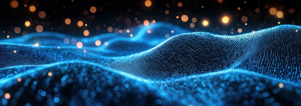 Abstract visualization of digital data as luminous blue wave patterns